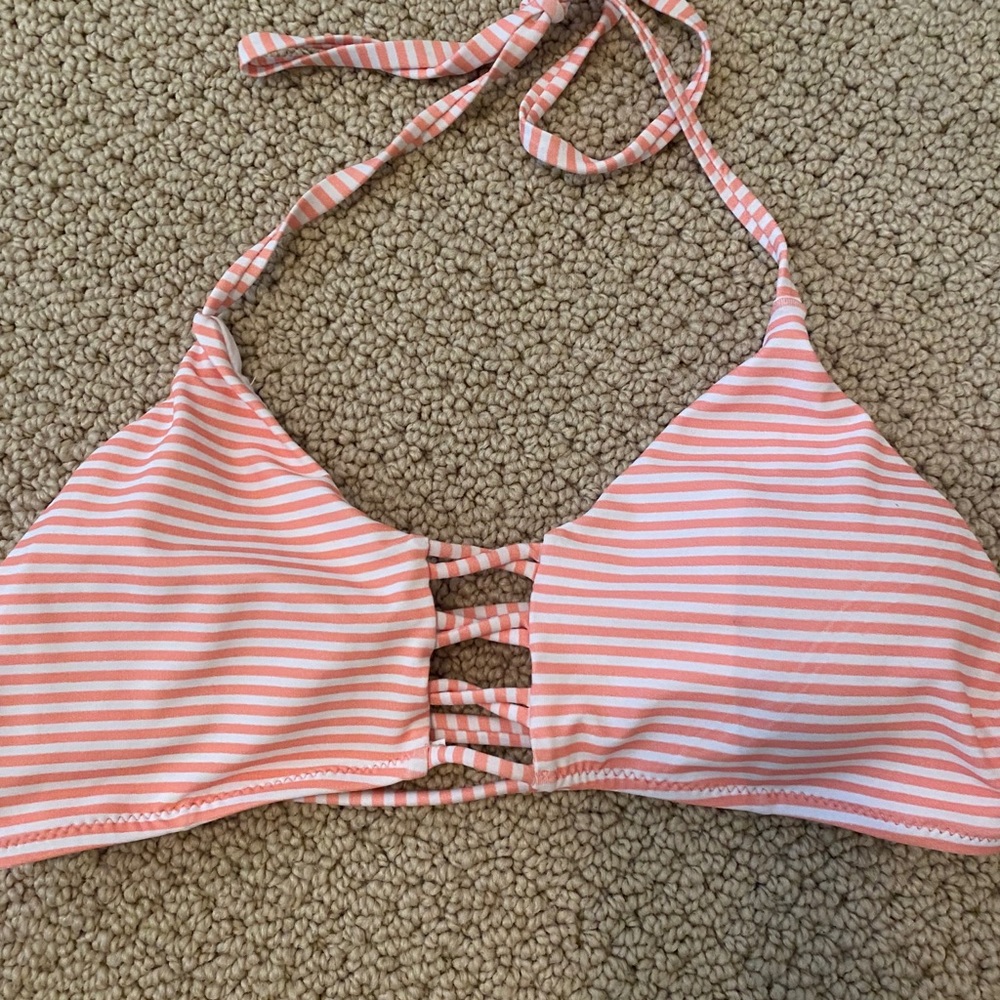 Coral and white striped bikini top.